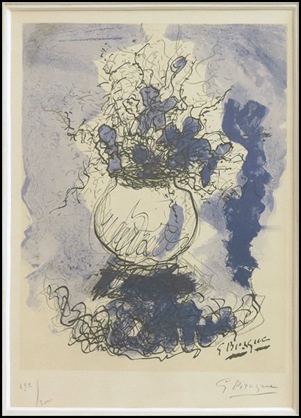 AFTER GEORGES BRAQUE (1882-1963) BOUQUET DE FL: AFTER GEORGES BRAQUE (1882-1963) BOUQUET DE FLEURS A L'AQUARELLE. Lithograph in colors, circa 1960, signed and numbered in pencil in the lower margin, edition 192/300, published by Maeght, Paris [Maeg