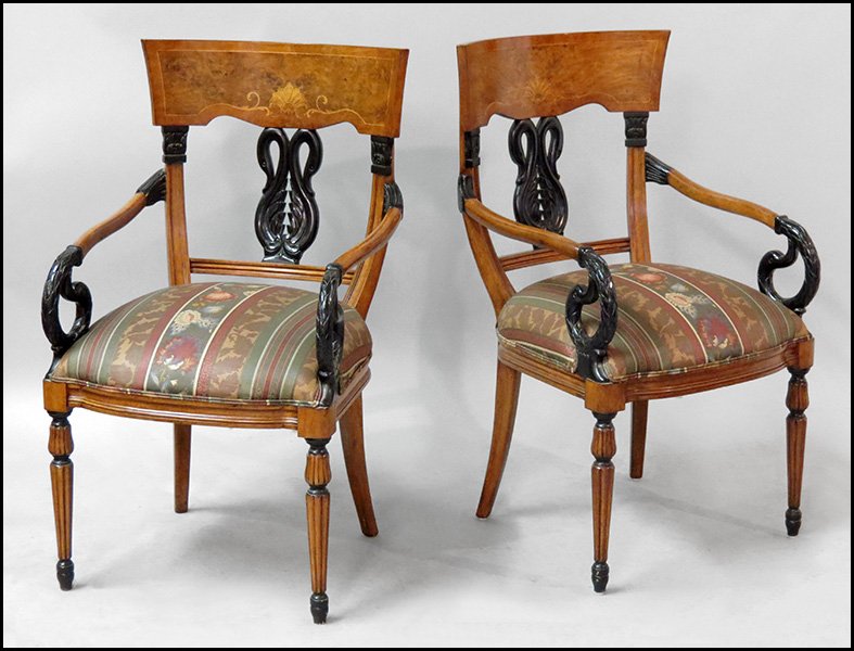 SET OF FOUR WOOD OPEN ARMCHAIRS.: SET OF FOUR WOOD OPEN ARMCHAIRS. Together with four yards of matching drapery fabric H: 39" W: 21" D: 22"