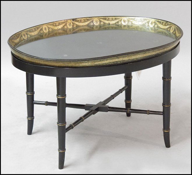 19TH CENTURY REGENCY STYLE BLACK LAQUER PAPIER: 19TH CENTURY REGENCY STYLE BLACK LAQUER PAPIER MACHE TRAY TABLE. H: 19.5" W: 31.5" D: 22.5"