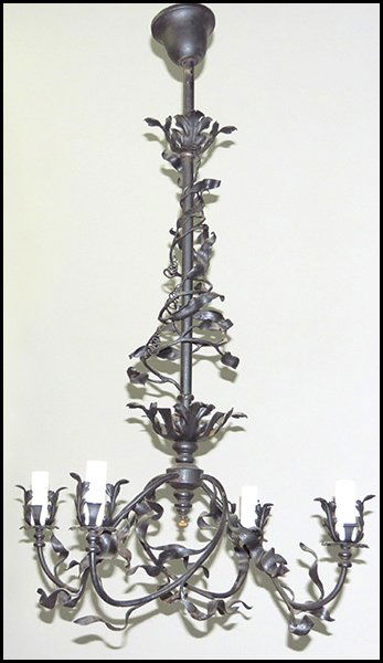 PATINATED METAL FOUR LIGHT HANGING FIXTURE.: PATINATED METAL FOUR LIGHT HANGING FIXTURE. Height 40"