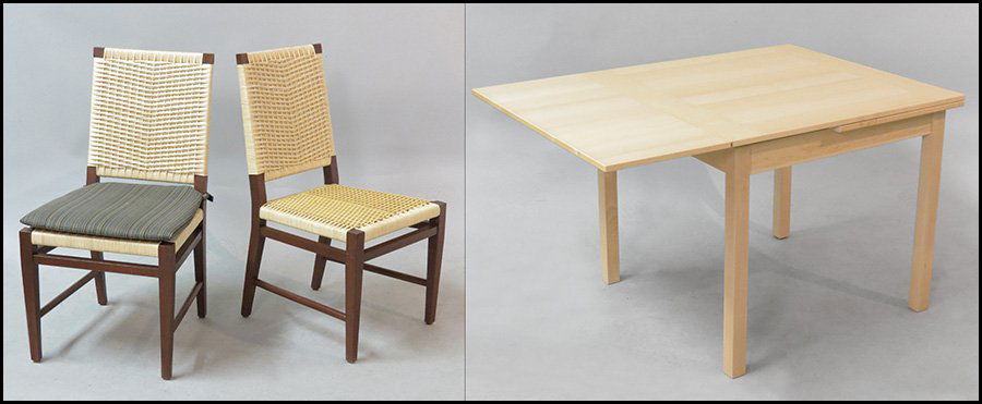 CONTEMPORARY PINE DRAW LEAF TABLE.: CONTEMPORARY PINE DRAW LEAF TABLE. Together with four woven back side chairs (Height 36"). Leaves 15" H: 30" x W: 35.5" x D: 35.5"