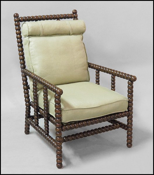 PAIR OF BOBBIN TURNED MAHOGANY OPEN ARMCHAIRS.: PAIR OF BOBBIN TURNED MAHOGANY OPEN ARMCHAIRS. H: 45" x W: 29" x D: 33"