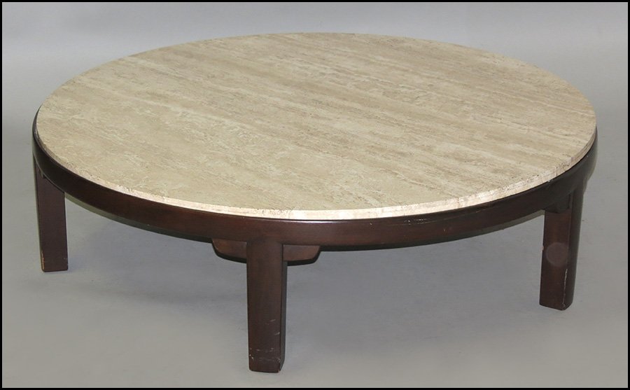 EDWARD WORMLEY FOR DUNBAR, MAHOGANY AND MARBLE: EDWARD WORMLEY FOR DUNBAR, MAHOGANY AND MARBLE COCKTAIL TABLE. 14" x 48"
