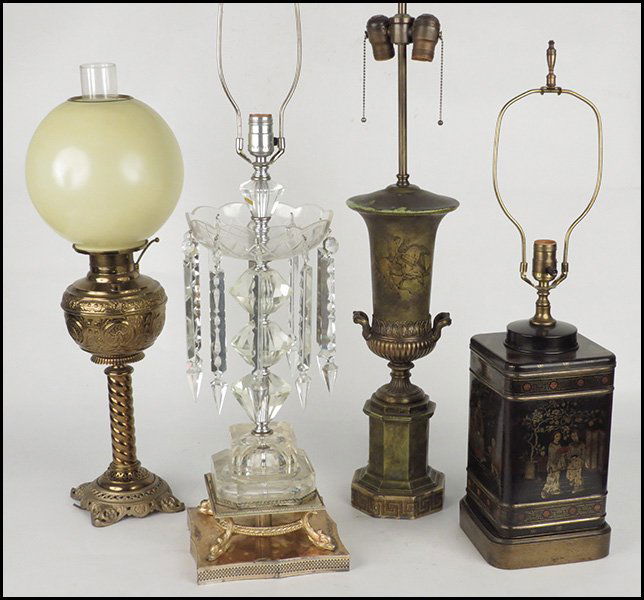 FREDERICK COOPER TEA CANISTER LAMP.: FREDERICK COOPER TEA CANISTER LAMP. Together with two patinated metal lamps, and a crystal luster lamp