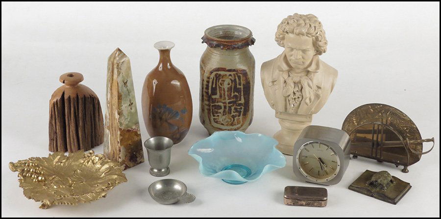 DON JOHNS CERAMIC VASE.: DON JOHNS CERAMIC VASE. Together with a carved onyx obelisk, a sterling silver box, a Beethoven bust, and various decorative items Height 9"