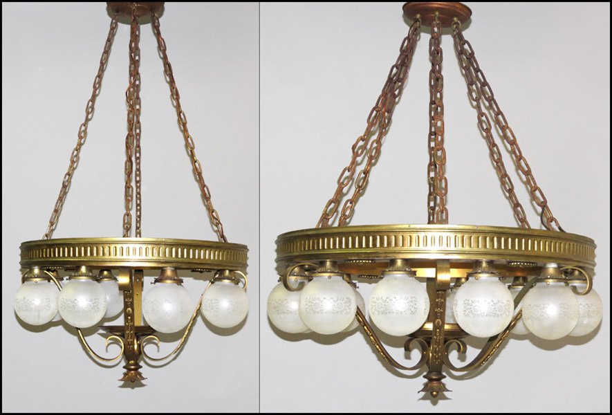 SUITE OF GILT METAL FIXTURES.: SUITE OF GILT METAL FIXTURES. Comprised of one round hanging fixture with frosted glass globe shades, and a pair of smaller fixtures Larger: 18" x 38" Smaller: 18" x 31"