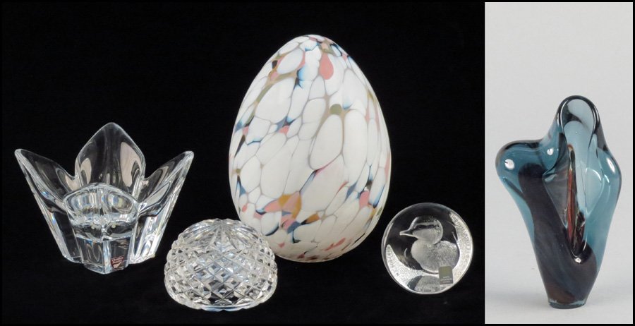 WATERFORD CRYSTAL PAPERWEIGHT.: WATERFORD CRYSTAL PAPERWEIGHT. Together with an Orrefors crystal bowl, a Swedish Mats Jonasson crystal paperweight of a duck, a colored glass paperweight, and a frosted glass egg Waterford: 2.5" x 3.5