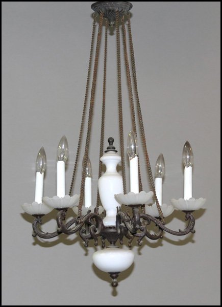 OPALINE GLASS AND PATINATED METAL SIX-LIGHT CH: OPALINE GLASS AND PATINATED METAL SIX-LIGHT CHANDELIER. 17" x 20"