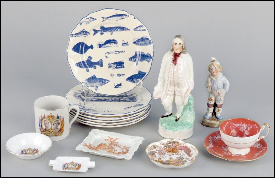 SET OF SIX LUNEVILLE PLATES.: SET OF SIX LUNEVILLE PLATES. Together with a Staffordshire figure, a porceelain figure, an Ansley teacup and saucer, a Royal Crown Derby plate, porcelain King George and Queen Elizabeth coronation ash