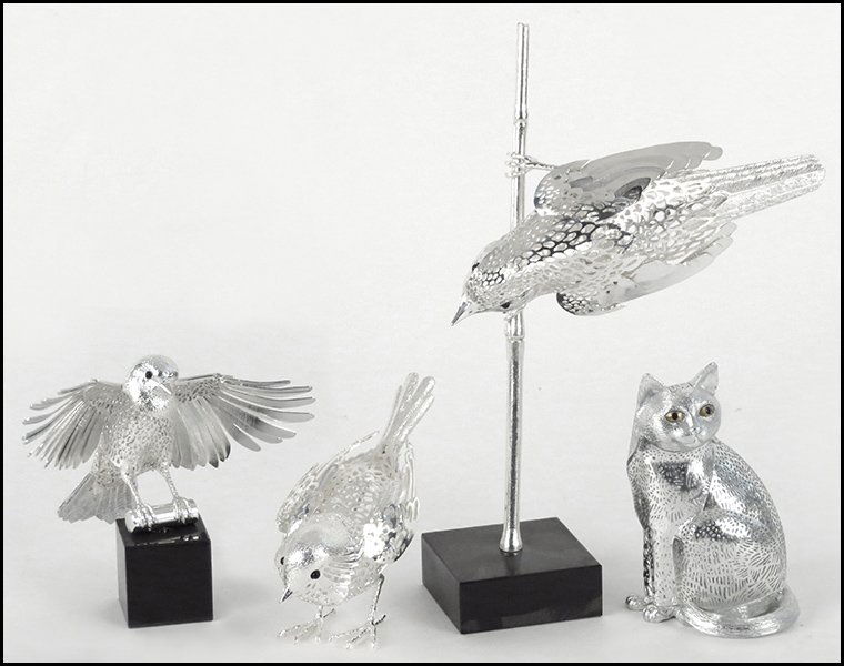 THREE CHRISTOFLE SILVERPLATE BIRDS.: THREE CHRISTOFLE SILVERPLATE BIRDS. With onyx eyes. From the 'Silver Light' collection. Includes 'The Blackcap Warbler', 'The Reed Warbler', and 'The Nuthatch'. Together with a Christofle silverplate