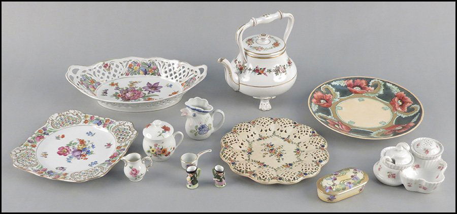 DRESDEN RETICULATED PORCELAIN BREAD DISH.: DRESDEN RETICULATED PORCELAIN BREAD DISH. Together with a Schumann Royal Bavarian reticulated porcelain square plate, a Capodimonte reticulated porcelain round dish, a Limoges painted porcelain plate