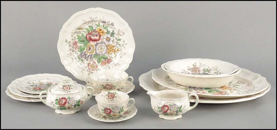 ROYAL DOULTON DINNER SERVICE.: ROYAL DOULTON DINNER SERVICE. In the Malvern Pattern, D 6197. Comprised of four teacups, six teacup saucers, three bouillon bowls, eight bread plates, three salad plates, seven bouillon saucers, four 