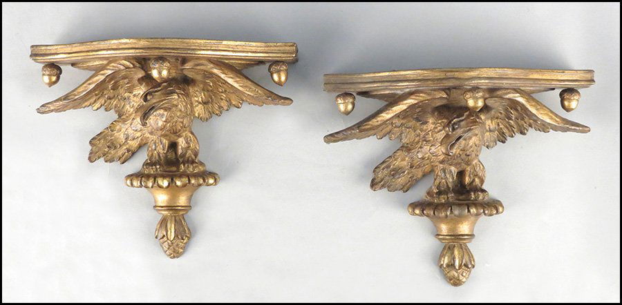 PAIR OF FEDERAL STYLE GILT PLASTER WALL BRACKE: PAIR OF FEDERAL STYLE GILT PLASTER WALL BRACKETS. H: 12" W: 14" D: 5"