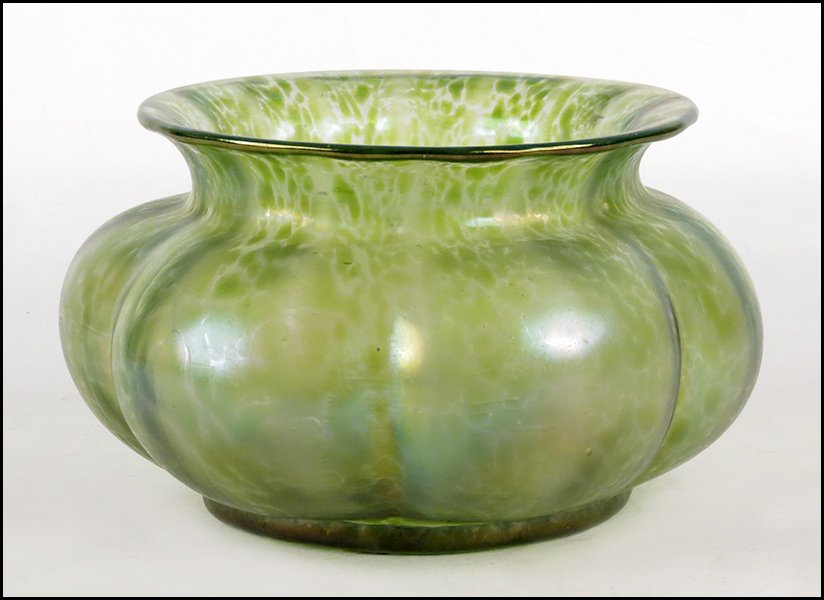 LOETZ STYLE IRIDESCENT GREEN GLASS GOURD FORM: LOETZ STYLE IRIDESCENT GREEN GLASS GOURD FORM BOWL. Polished pontil, unsigned 6"x 10"