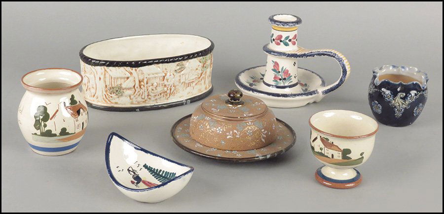 ROYAL DOULTON SLATER'S PATENT COVERED BUTTER D: ROYAL DOULTON SLATER'S PATENT COVERED BUTTER DISH. Together with a Royal Doulton glazed earthenware bowl with a ruffled neck, a Watcombe footed dish, an earthenwae bowl, a Quimper dish, and a Quimper