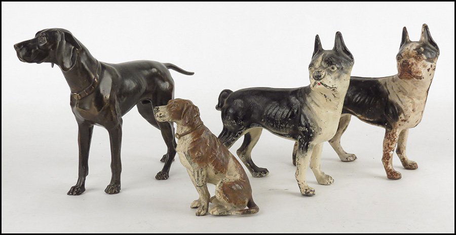 JENNINGS BROTHERS PATINATED METAL DOG.: JENNINGS BROTHERS PATINATED METAL DOG. Marked underneath "JB 2568". Together with two painted iron dog form doorstops, and a metal dog Jennings Brothers: 10.25" x 14"