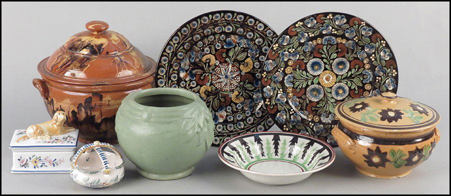 TWO FRENCH MAJOLICA CHARGERS.: TWO FRENCH MAJOLICA CHARGERS. Together with a Mocha ware covered serving bowl, a ceramic covered serving bowl, a McCoy matte jardiniere, a quimper ceramic basket, a Tiffany ceramic box, and a ceramic