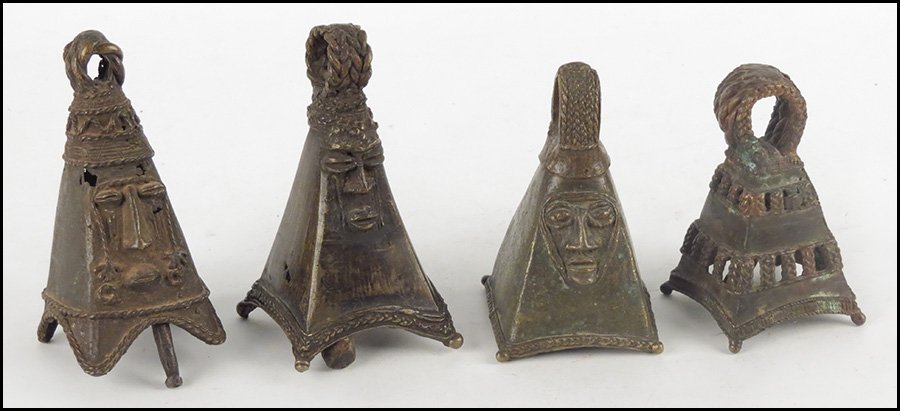 FOUR AFRICAN BRONZE ALTAR BELLS.: FOUR AFRICAN BRONZE ALTAR BELLS. From Benin Tallest Height 7.5"