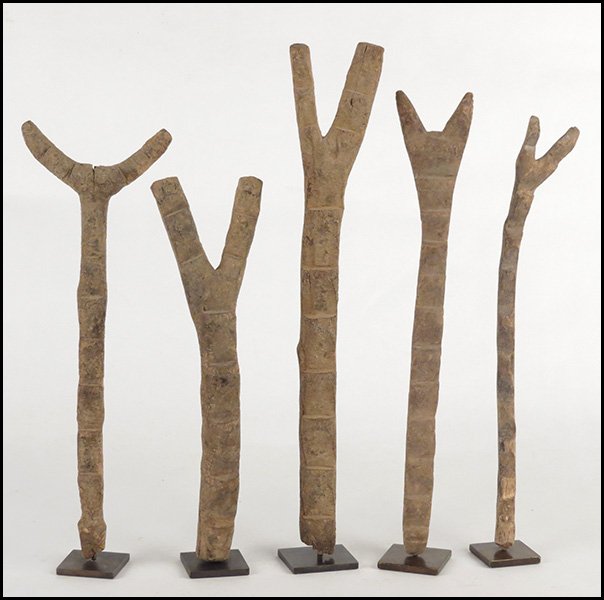 COLLECTION OF FIVE MINIATURE AFRICAN DOGON LAD: COLLECTION OF FIVE MINIATURE AFRICAN DOGON LADDERS. Tallest Height 18.5"
