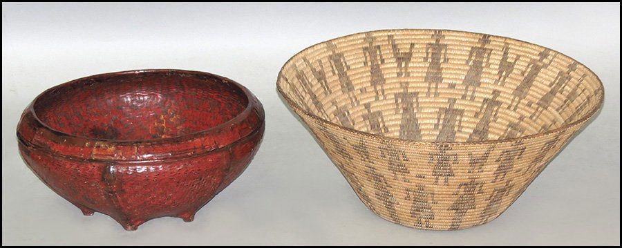 RED LACQUER BASKET.: RED LACQUER BASKET. Together with a grass basket (H: 10" x W: 24") and a woven grass trivet Height 8.5" x Diameter: 19"