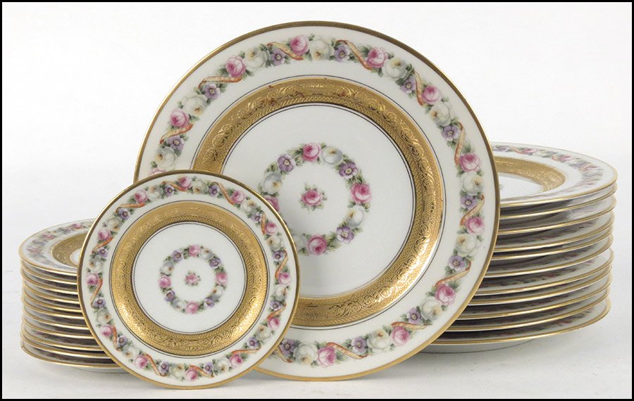 BLACK KNIGHT GILT AND TRANSFER DECORATED PARTI: BLACK KNIGHT GILT AND TRANSFER DECORATED PARTIAL DINNER SERVICE. Comprised of twelve dinner plates, and twelve bread plates