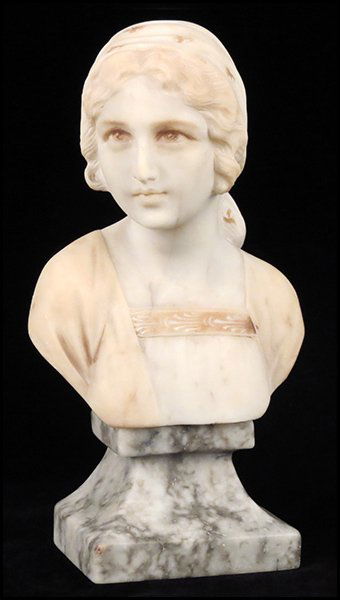 CARVED MARBLE AND ALABASTER FEMALE BUST.: CARVED MARBLE AND ALABASTER FEMALE BUST. Height 10"