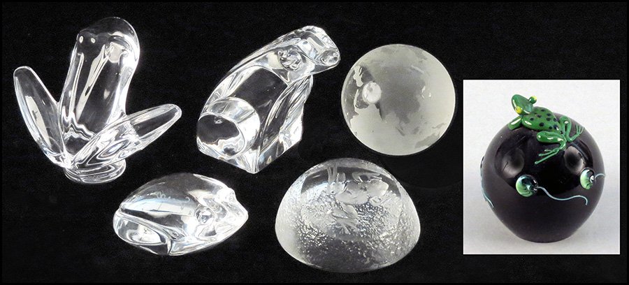 COLLECTION OF GLASS FROGS.: COLLECTION OF GLASS FROGS. Including Seves, Val St. Lambert, Orrefors, and Correia. Together with a world globe paperweight Tallest 3"