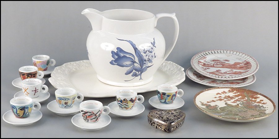 MASON'S IRONSTONE OAK SHAPE PATTERN PLATTER.: MASON'S IRONSTONE OAK SHAPE PATTERN PLATTER. Together with a Spode porcelain pitcher, a set of eight Richard Ginori demitasse cups with saucers, a silver overlay cobalt glass heart shaped box, a Japan