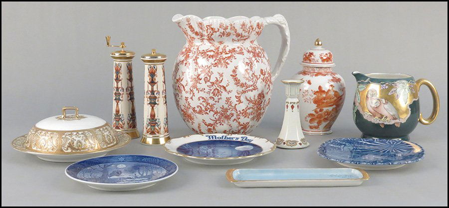 BRIDGWOOD & SON ENGLISH PORCELAIN PITCHER.: BRIDGWOOD & SON ENGLISH PORCELAIN PITCHER. Together with a Nippon covered porcelain dish, a Lenox porcelain pepper mill and salt shaker, a Limoges owl motif procelain pitcher, a porcelain ginger jar,