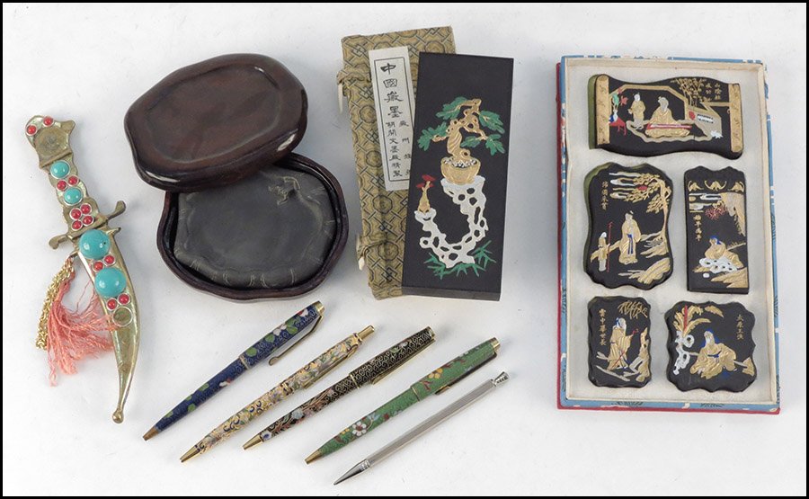 SIX CHINESE CLOISONNE PENS.: SIX CHINESE CLOISONNE PENS. Together with ink stones, and a knife form letter opener