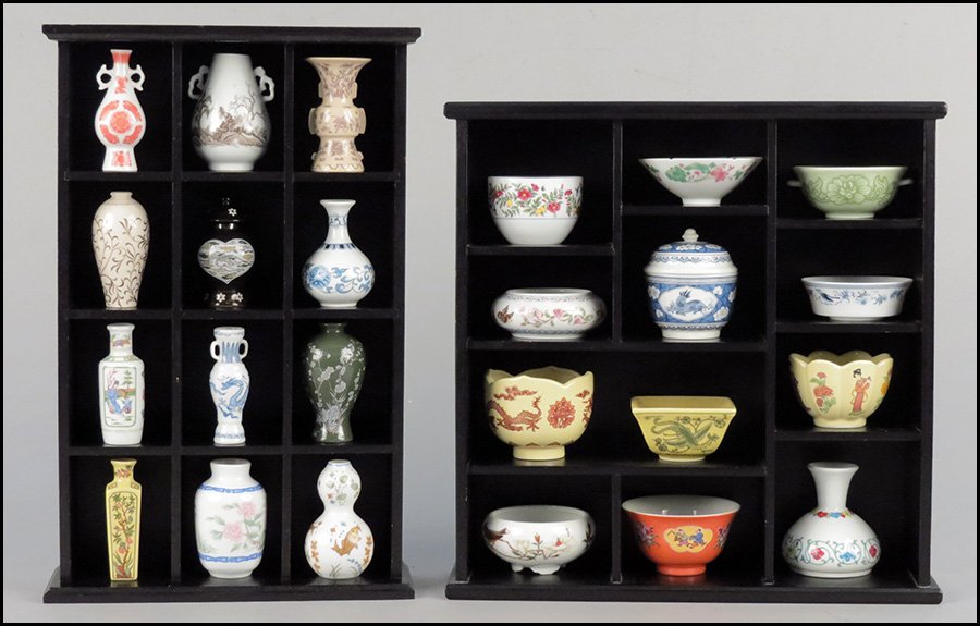 COLLECTION OF JAPANESE POCELAIN CABINET VASES.: COLLECTION OF JAPANESE POCELAIN CABINET VASES. Mounted in two wall shelves. Includes twelve franklin porcelain vessels Tallest Height 3"
