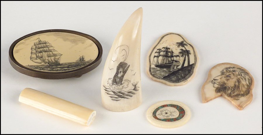 GROUP OF SCRIMSHAW.: GROUP OF SCRIMSHAW. Comprising a decorated tooth, three decorated panels, and a belt buckle. Together with an ivory carving