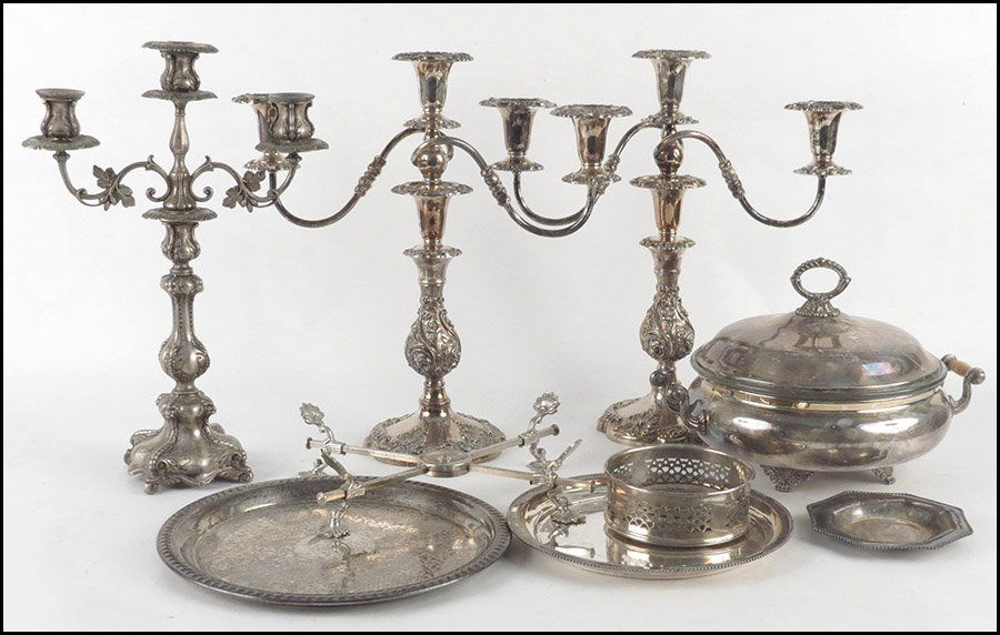 PAIR OF SILVERPLATE THREE-LIGHT CANDELABRA.: PAIR OF SILVERPLATE THREE-LIGHT CANDELABRA. Together with a silverplate candelabra, a silverplate wine coaster, a silverplate covered serving dish, three silverplate plate, and a dish cross Candelabra