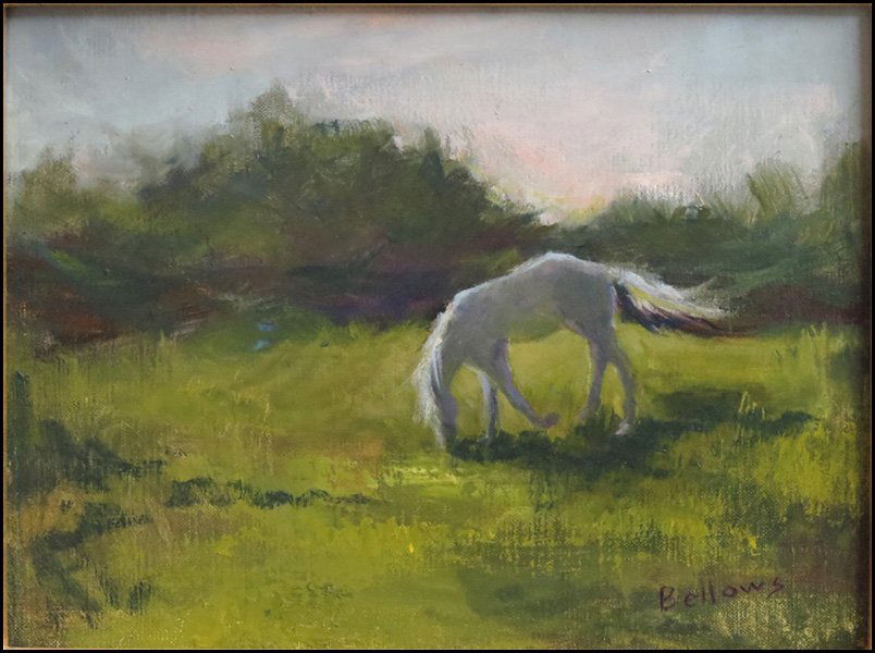 JAYNE BELLOWS (AMERICAN, TWENTIETH CENTURY) HO: JAYNE BELLOWS (AMERICAN, TWENTIETH CENTURY) HORSE GRAZING. Oil on Board, signed LR. Framed 18.5" x 15.5" Sight 8.5" x 11.5"