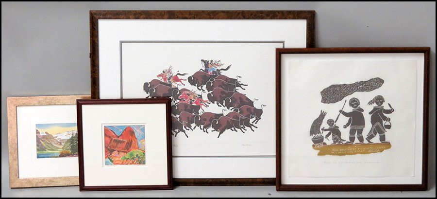 GROUP OF FOUR ASSORTED FRAMED PRINTS.: GROUP OF FOUR ASSORTED FRAMED PRINTS. Inuit Artist: Family Scene, stonecut, 1986, inscribed, numbered and dated in pencil in the lower margin, edition 4/50 (17" x 18.25" sheet). Fanny Fynebuik: Lake L
