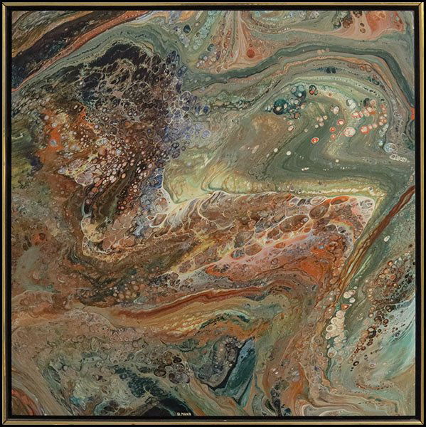 RICHARD MANN (AMERICAN, 20TH CENTURY) RUST, GR: RICHARD MANN (AMERICAN, 20TH CENTURY) RUST, GREEN, BLUE. Acrylic on wood panel, signed lower middle 'R. Mann;' Veros: Gallery tag reading in part 'Merrill Chase Gallery;' Frame: 25.25" x 25.25" 24" x