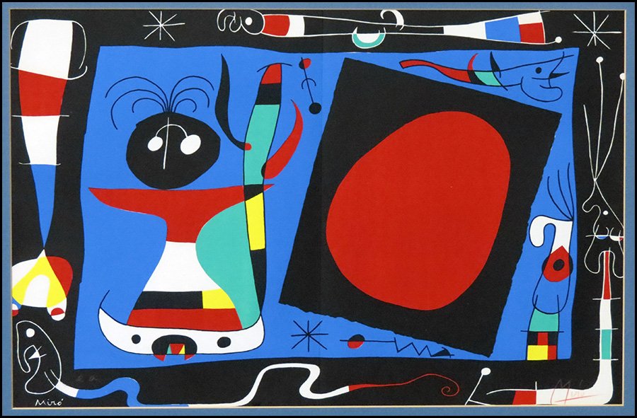 AFTER JOAN MIRO LA FEMME AU MIROIR.: AFTER JOAN MIRO LA FEMME AU MIROIR. Lithograph in colors, from Derriere le Miroir. 10 Ans d'Edition, bearing signature in red pencil lower right; with vertical fold as published