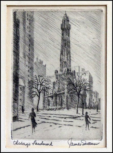 JAMES SWANN (AMERICAN 1905-1985) CHICAGO LANDM: JAMES SWANN (AMERICAN 1905-1985) CHICAGO LANDMARK. Etching, signed and titled in pencil in the lower margin; Frame: 10.50" x 8.50" 4.1" x 2.9"