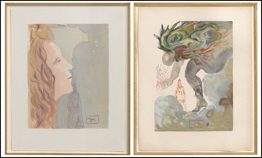 TWO FRAMED PRINTS AFTER SALVADOR DALI.: TWO FRAMED PRINTS AFTER SALVADOR DALI. Ascent to Venus: offset lithograph, signed in plate (9.50" x 7.4" sight). The Prophecy of Vanni Fucci: lithograph, signed in plate (10' x 7")