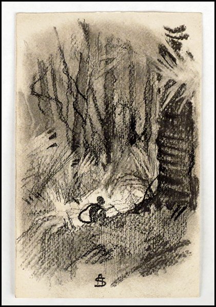 ATTRIBUTED TO ADAM STYKA FIGURE IN LANDSCAPE.: ATTRIBUTED TO ADAM STYKA FIGURE IN LANDSCAPE. Charcoal on paper, signed with monogram lower middle 'AS;' Inscribed on the reverse 'This drawing was by my husband Adam Styka, Mrs. Adam Styka;' Loose sh