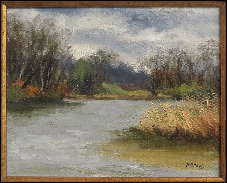 JAYNE BELLOWS (AMERICAN, 20TH CENTURY) SHIPYAR: JAYNE BELLOWS (AMERICAN, 20TH CENTURY) SHIPYARD CREEK. Oil canvas mounted on MDF board, signed LR. Framed 12.5" x 14.5" 9.75" x 8"