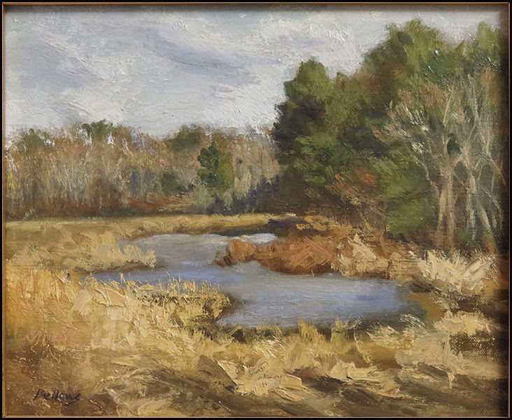 JAYNE BELLOWS (AMERICAN, 20TH CENTURY) POND AT: JAYNE BELLOWS (AMERICAN, 20TH CENTURY) POND AT EASTERN NECK ISLAND. Oil on canvas mounted on wood. Framed 15.25" x 17.5" 10" x 12"