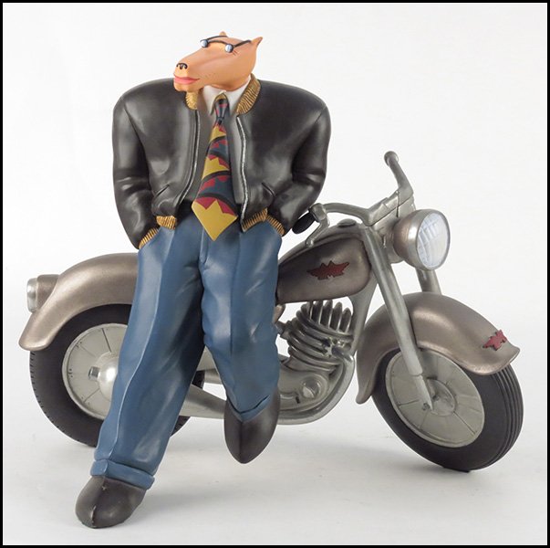 MARKUS PIERSON (AMERICAN, B.1961) COYOTE AND H: MARKUS PIERSON (AMERICAN, B.1961) COYOTE AND HIS MOTORCYCLE. Cast resin, signed and dated 1993. Edition 123/300 Height 16"