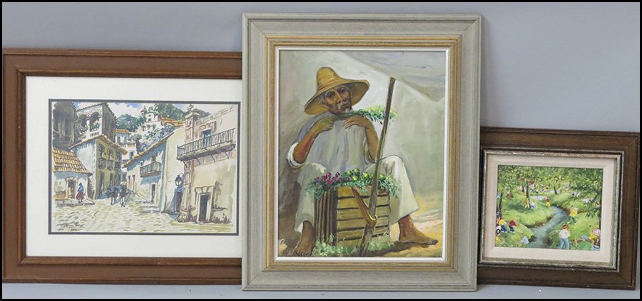 ARTIST UNKNOWN (20TH CENTURY) THE STREET VENDE: ARTIST UNKNOWN (20TH CENTURY) THE STREET VENDER. Oil on canvas, unsigned. Together with an illegibly signed watercolor street scene, and an artist unknown oil on canvas of a golf outing Street vender: