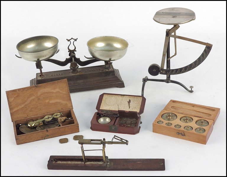 FORGE CAST IRON SCALE.: FORGE CAST IRON SCALE. Together with a Harrison scale, a boxed set of weights, a William C. Fanner scale, and a collapsible scale Iron scale: 6" x 11.25" x 3.75"