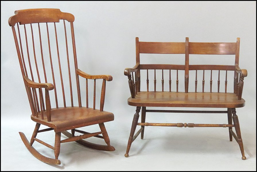 PINE SPINDLE BENCH.: PINE SPINDLE BENCH. Together with a Boston style rocking chair Bench: 34" x 37" x 18"