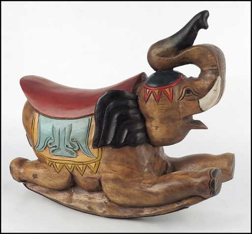 CARVED AND PAINTED WOOD ELEPHANT FORM ROCKING CHAIR.