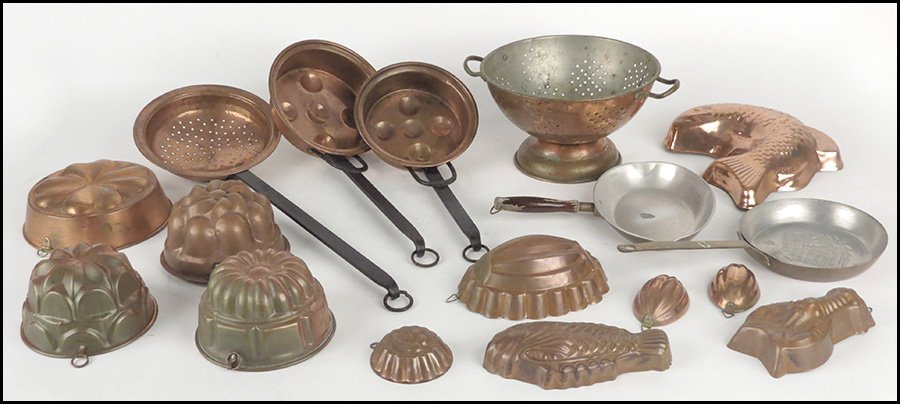 COLLECTION OF COPPER CANDY MOLDS.: COLLECTION OF COPPER CANDY MOLDS. Includes a dome, a fish, eggs, a lobster, and a shamrock. Together with copper cookware including a colander, and five iron handle pans