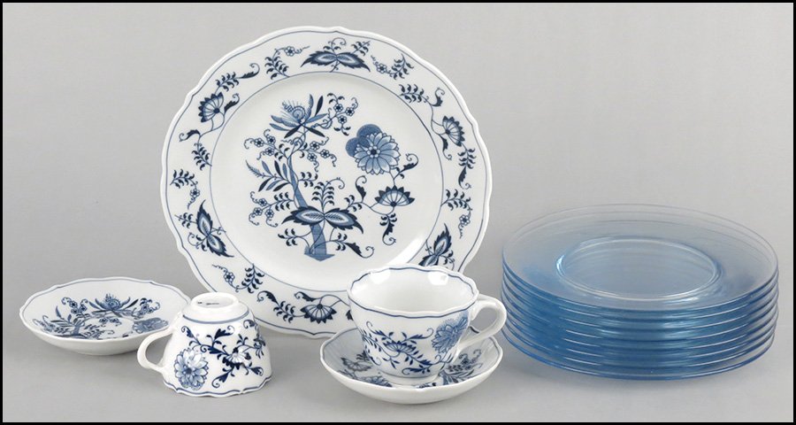 PORCELAIN PARTIAL DINNER SERVICE.: PORCELAIN PARTIAL DINNER SERVICE. In the Blue Danube pattern. Comprised of eight dinner plates, eight teacups, four saucers. Together with eight glass plates, and two Enoch Wedgwood dinner plates in t