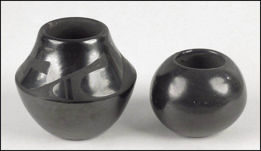 ROSE GONZALES SAN ILDEFONSO BLACKWARE JAR.: ROSE GONZALES SAN ILDEFONSO BLACKWARE JAR. Signed 'Rose'. Together with a Than Povi San Ildefonso blackware jar (Height 1.75" x diameter 2.5") Height 2.75" x diameter 3"